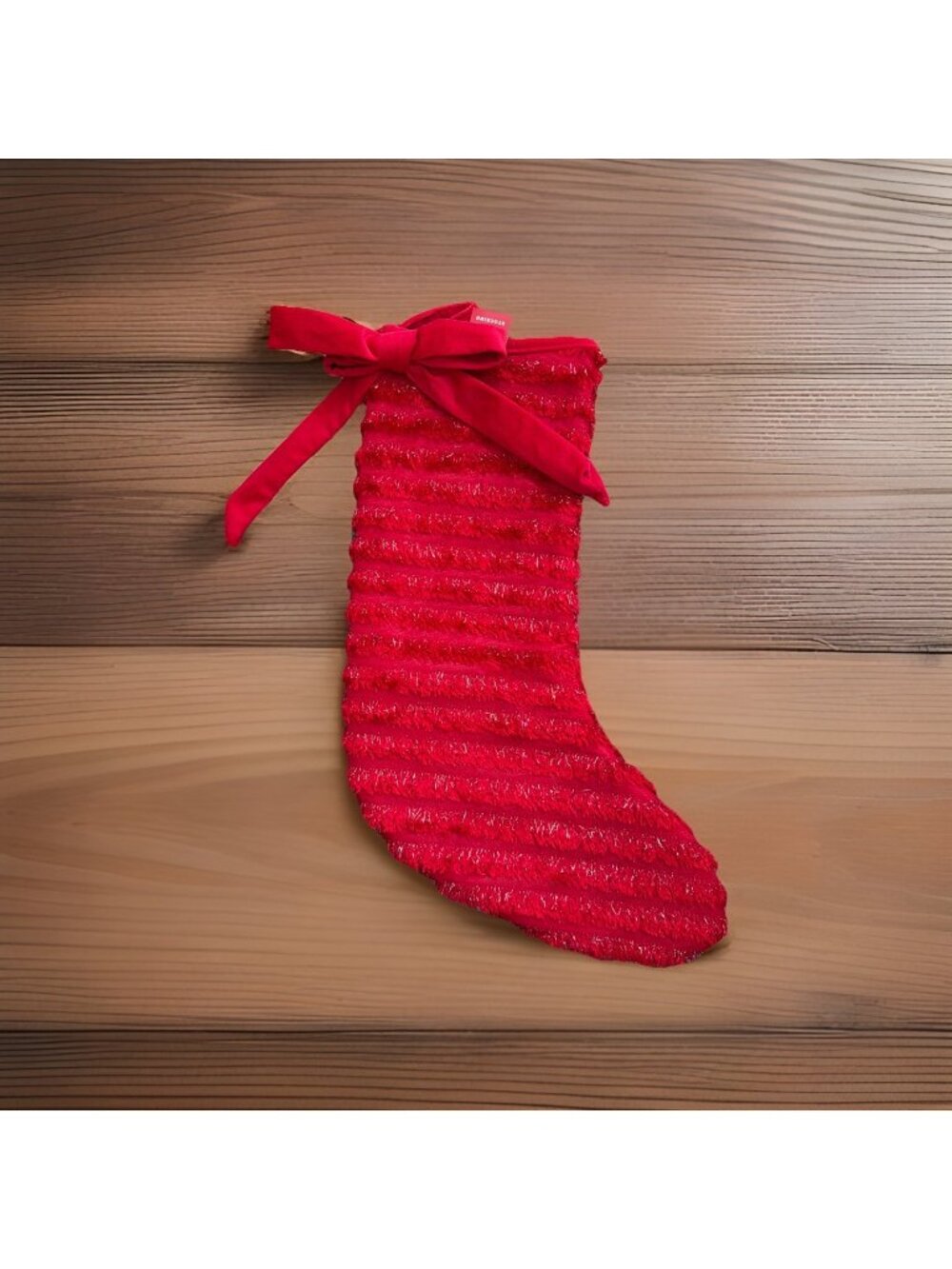 Christmas Fringe Stocking with Bow - Red Festive Hanging Decor for Mantel